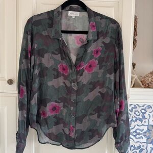 Bella Dahl Dark Green Camouflage Blouse with Pink Floral Print